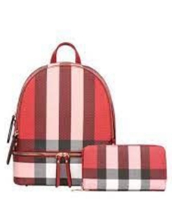 2-In-1 Fashion Plaid Print Backpack Wallet Set LM-7285W WINE